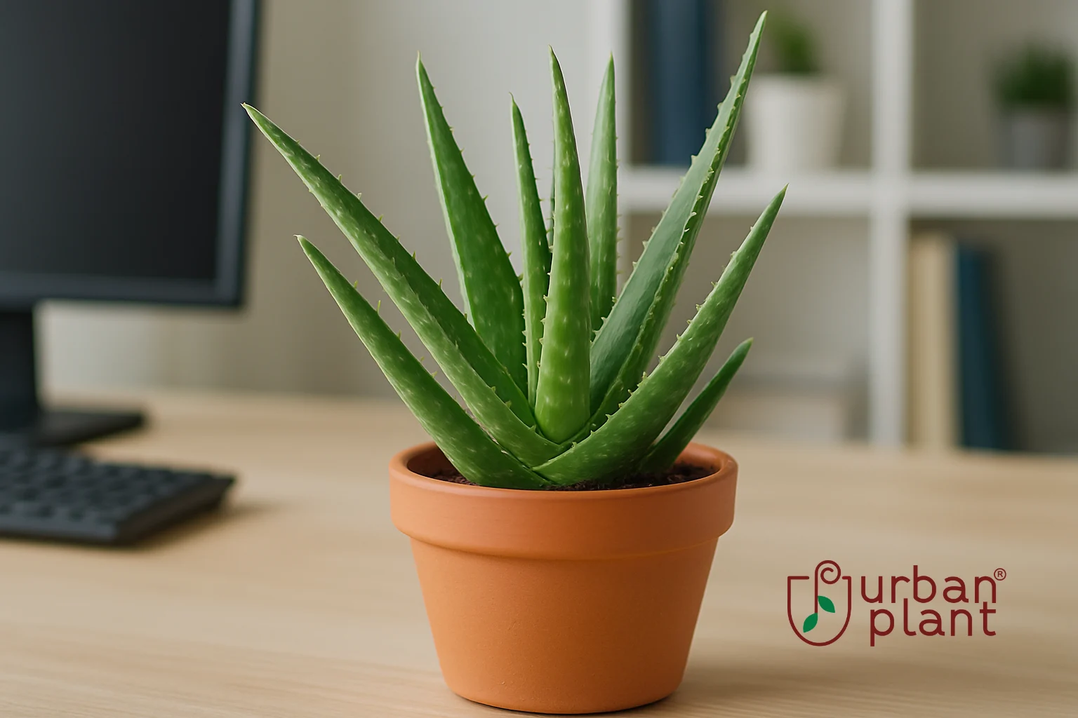 Aloe Vera – succulent and healing office desk plant in a terracotta pot on workspace desk with computer background – Urban Plant